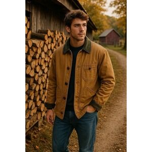 Vtg LL Bean Jacket Mens M Tan Canvas Chore Coat‎ Primaloft Plaid Liner Corduroy